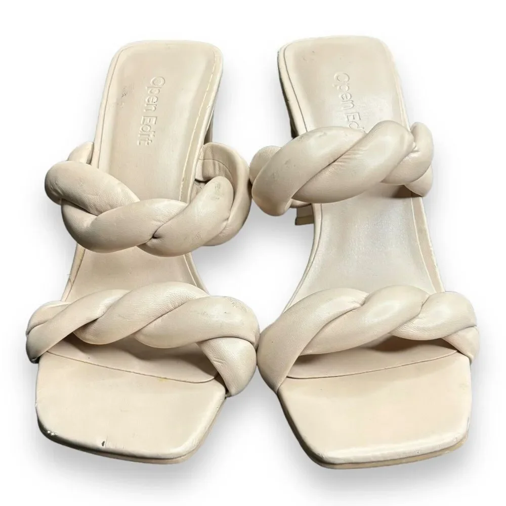 Open Edit Sandals Womens Size 6 Cream‎ Braided Double Strap Slip On Heels